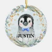 Cute Custom Name Waterverf Penguin Greenery Keramisch Ornament (Voorkant)