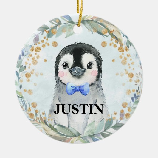 Cute Custom Name Waterverf Penguin Greenery Keramisch Ornament (Voorkant)