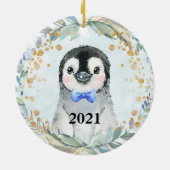 Cute Custom Name Waterverf Penguin Greenery Keramisch Ornament (Achterkant)