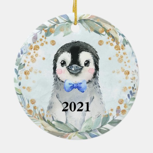 Cute Custom Name Waterverf Penguin Greenery Keramisch Ornament (Achterkant)