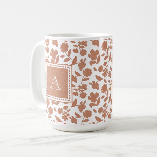 Cute Custom Oranje Glitter Floral Pattern Monogram Koffiemok (Voorkant links)