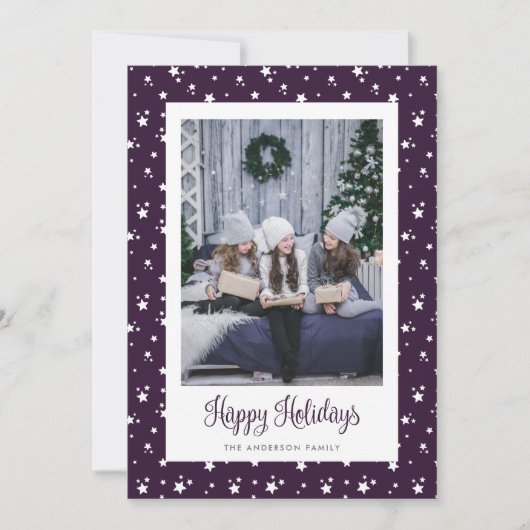 Cute Custom Paarse Stars Photo Holiday Cards Feestdagenkaart (Voorkant)