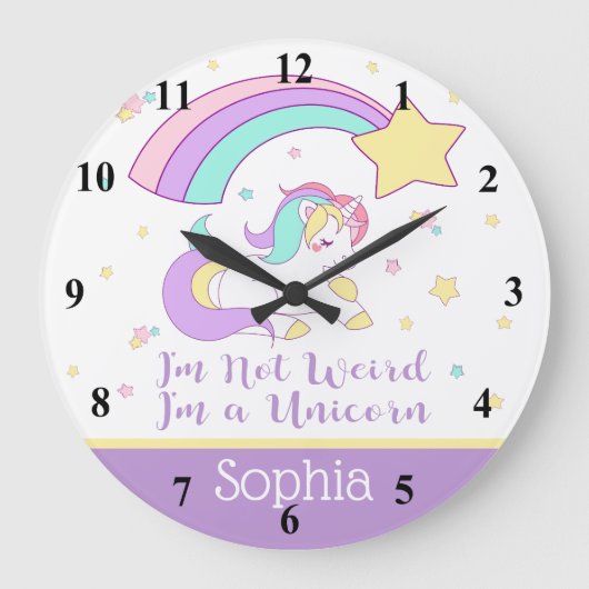 Cute Custom Personalized Magical Rainbow Unicorn Grote Klok (Voorkant)