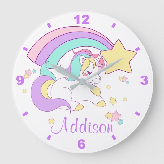 Cute Custom Personalized Magical Rainbow Unicorn Grote Klok (Voorkant)
