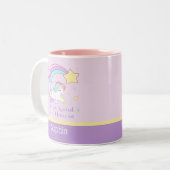 Cute Custom Personalized Magical Rainbow Unicorn Tweekleurige Koffiemok (Voorkant links)