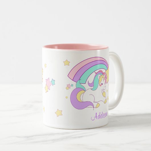 Cute Custom Personalized Magical Rainbow Unicorn Tweekleurige Koffiemok (Voorkant rechts)