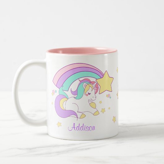 Cute Custom Personalized Magical Rainbow Unicorn Tweekleurige Koffiemok (Links)