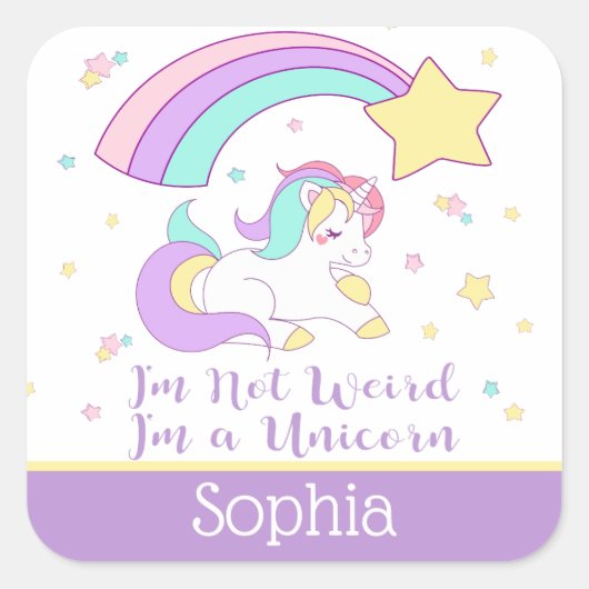Cute Custom Personalized Magical Rainbow Unicorn Vierkante Sticker (Voorkant)