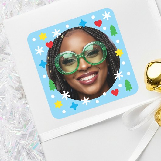 Cute Custom Photo Holiday Retro Blue Christmas Vierkante Sticker