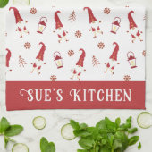 Cute Custom Red Kerstgnomen Kitchen Towel Theedoek (Gevouwen)