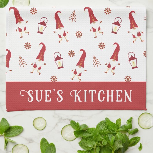 Cute Custom Red Kerstgnomen Kitchen Towel Theedoek (Gevouwen)