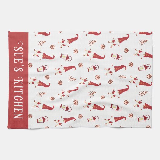 Cute Custom Red Kerstgnomen Kitchen Towel Theedoek (Horizontaal)
