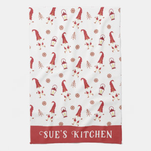 Cute Custom Red Kerstgnomen Kitchen Towel Theedoek