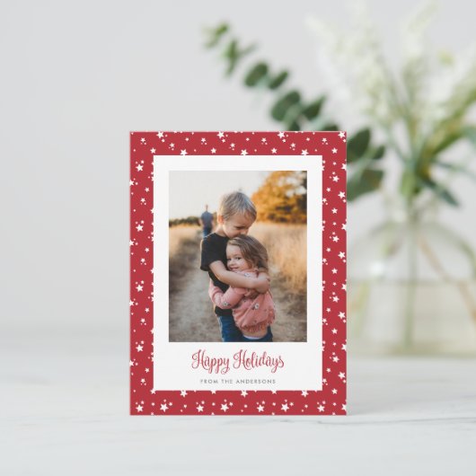 Cute Custom Red Stars Photo Holiday Briefkaarten (Staand voorkant)