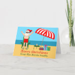 Cute Custom Sunny Beach Santa Claus Kerstmis Feestdagen Kaart<br><div class="desc">Deze schattige kerstkaart maakt het perfecte briefkaart voor warm weer op het zwembad of strand. Maak het een leuke noordpool, de extravaganza met de kerstman in zijn zwembroek naast een rode en witte gestreept strandparaplu en cadeautjes. Ik heb de heer Klaus nog nooit eerder in een badpak gezien! De groene...</div>