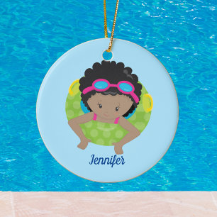 Cute Custom Swim Team African American Girl Keramisch Ornament
