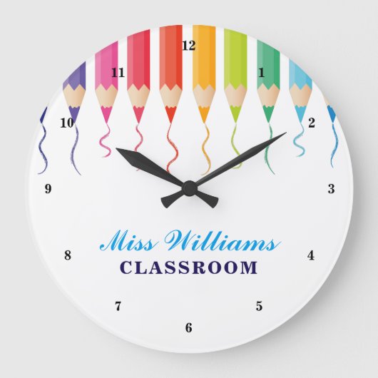 Cute Custom Teacher Rainbow Artistic Classroom Grote Klok (Voorkant)