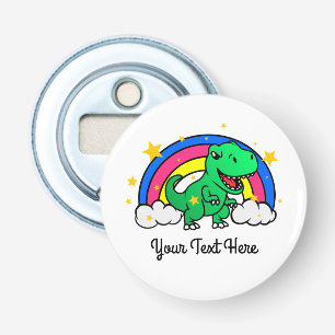 Cute Custom Text Green Dinosaur Rainbow Button Flesopener