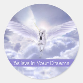 Cute Custom Text Magic Flying Unicorn Paars Cloud Ronde Sticker