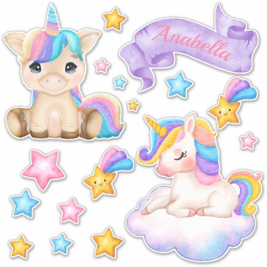 Cute Custom Waterverf Stars en Baby Unicorn Sticker (Voorkant)
