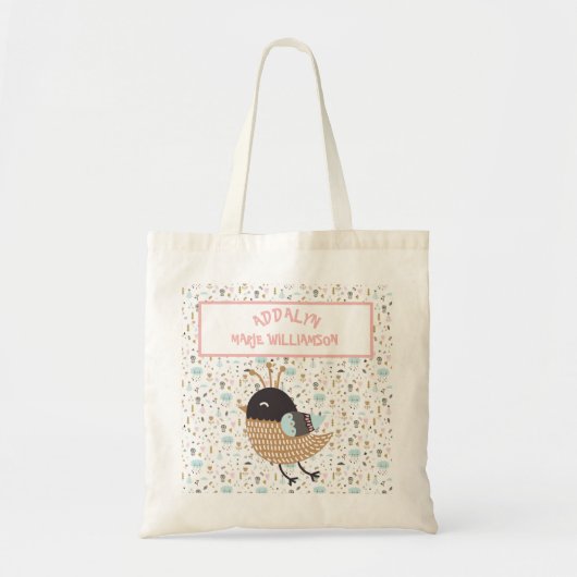 Cute Custom Whimsical Little Bird Pink Blue Tote Bag (Voorkant)