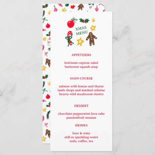 Cute CUSTOM XMAS Christmas Holiday Dinner Party Menu (Voorkant / Achterkant)