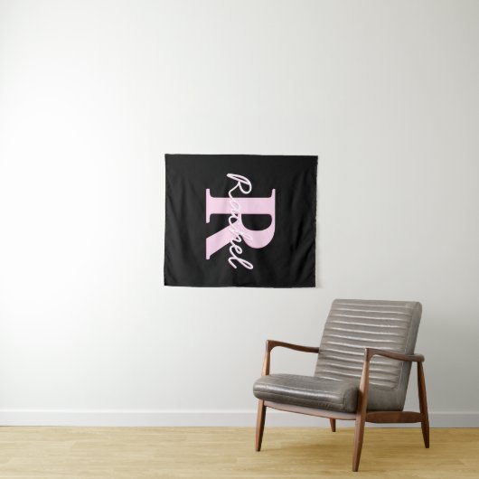Cute Customizable Monogram | Light Pink & Black Wandkleed (In Situ (horizontaal))
