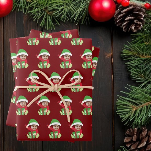 Cute Customized Children's Photo Elf Christmas Red Inpakpapier Vel