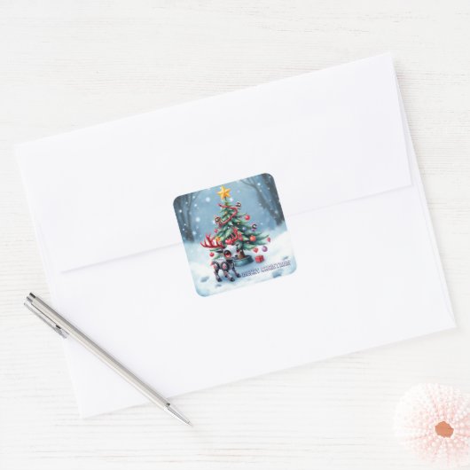 Cute Cyberpunk Reindeer with Christmas Tree  Vierkante Sticker (Envelop)