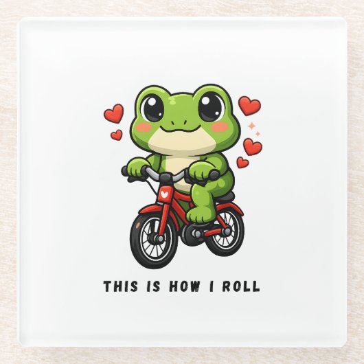 Cute Cycling Frog | Kawaii Frog Bicycle Art Glazen Onderzetter (Voorkant)