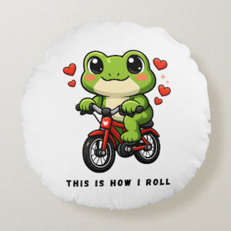 Cute Cycling Frog | Kawaii Frog Bicycle Art Rond Kussen