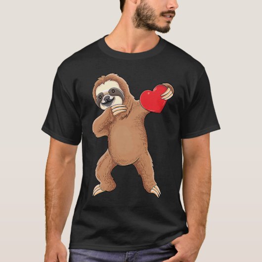 Cute dabbing sloth holding heart love sloth valent t-shirt (Voorkant)