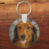Cute Dachshund (bruin, lang, gehard) wilde bloemen Sleutelhanger (Voorkant)