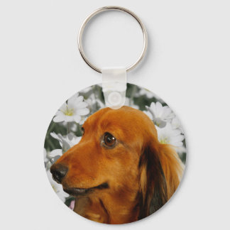 Cute Dachshund (bruine longhaasje) in Flowers Sleutelhanger