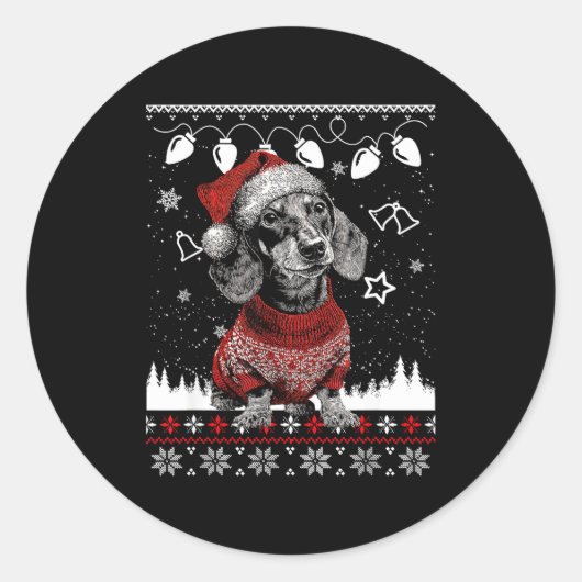 Cute Dachshund Christmas Wearing Sweater Funny Xma Ronde Sticker (Voorkant)