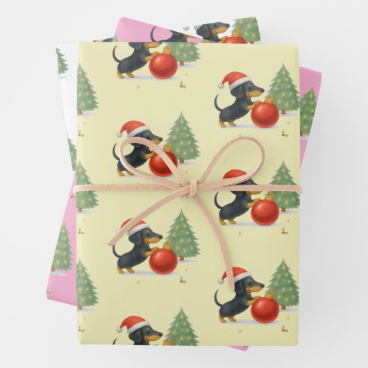 Cute Dachshund Christmas Wrapping Paper Set of 3  (In situ)