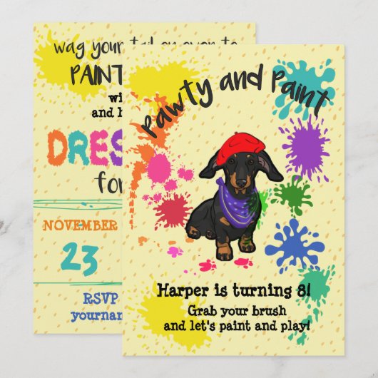 Cute Dachshund Dog Fun Art Birthday Party Invite Kaart (Voorkant / Achterkant)