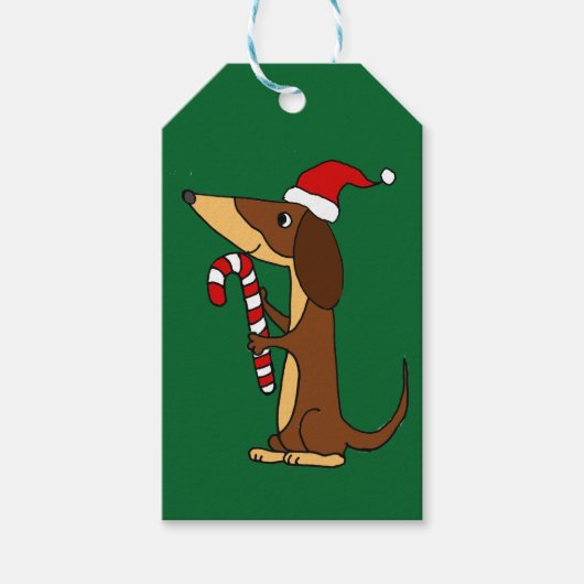Cute Dachshund Dog in Santa hat Kerstmis Cartoon Cadeaulabel (Voorkant)