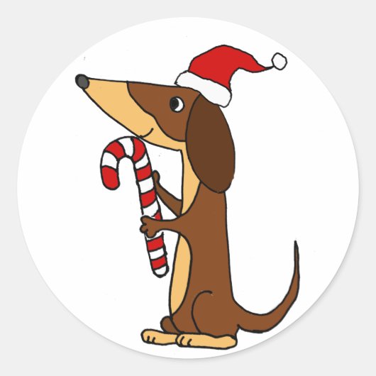 Cute Dachshund Dog in Santa hat Kerstmis Cartoon Ronde Sticker (Voorkant)