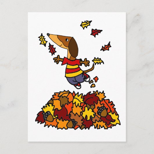 Cute Dachshund Dog Jumping in Leaf Pile Briefkaart (Voorkant)