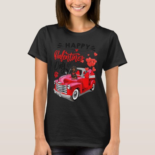 Cute Dachshund Dog Red Truck Happy Valentine's Day T-shirt (Voorkant)