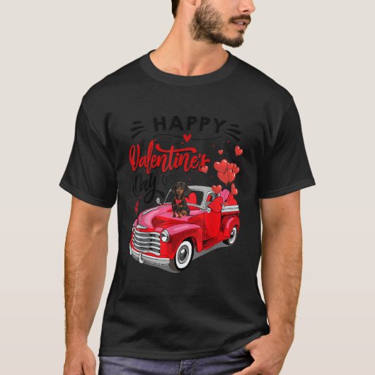 Cute Dachshund Dog Red Truck Happy Valentines Day T-shirt (Voorkant)