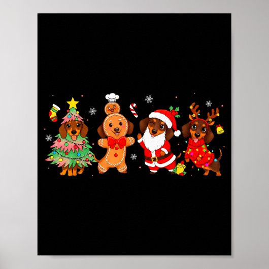 Cute Dachshund Dogs Christmas Tree Gingerbread San Poster (Voorkant)