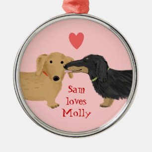 Cute Dachshund Dogs Kiss met Heart Custom Text Metalen Ornament