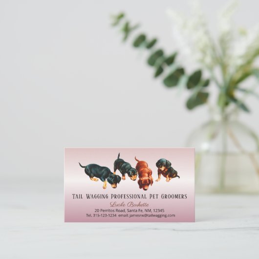 Cute Dachshund Doxie Pups Pet Grooming Rose Gold Visitekaartje (Staand voorkant)