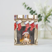 Cute Dachshund en Fireplace Waterverf kerst Feestdagenkaart (Staand voorkant)