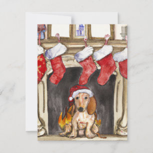 Cute Dachshund en Fireplace Waterverf kerst Feestdagenkaart