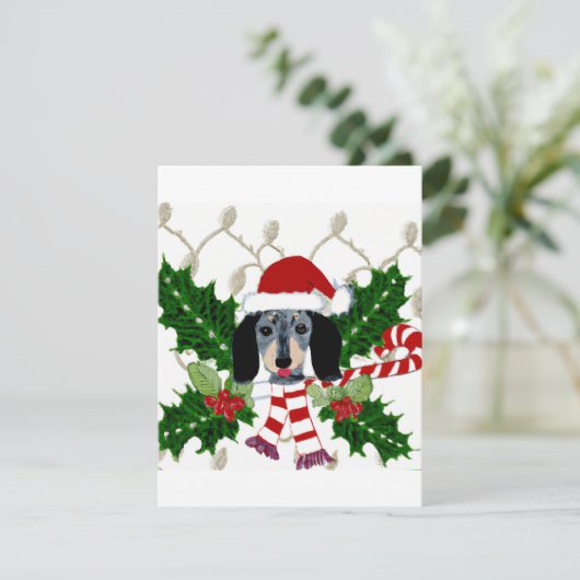 Cute Dachshund en Holly Wreath Kerstgroet Feestdagenkaart (Staand voorkant)