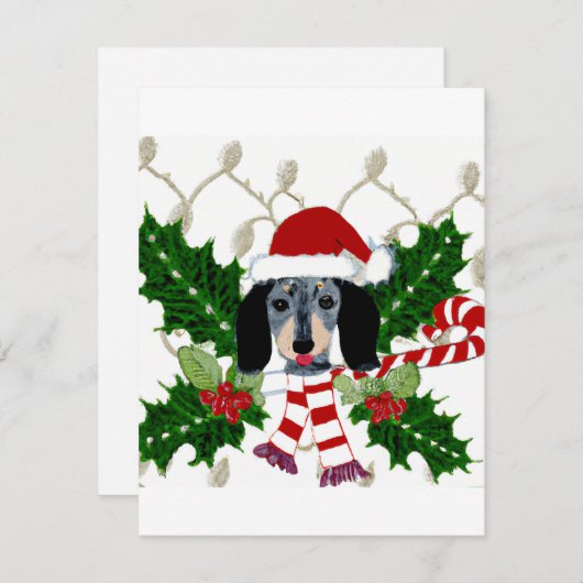 Cute Dachshund en Holly Wreath Kerstgroet Feestdagenkaart (Voorkant / Achterkant)