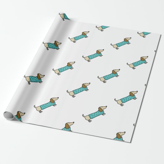 Cute dachshund in muntblauw cadeaupapier (Uitgerold)